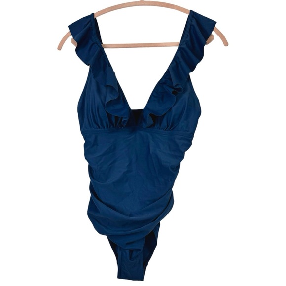 Other - Women’s Size M One Piece Swimsuit Dark Blue Deep V Neck Ruffles Ruching NWOT